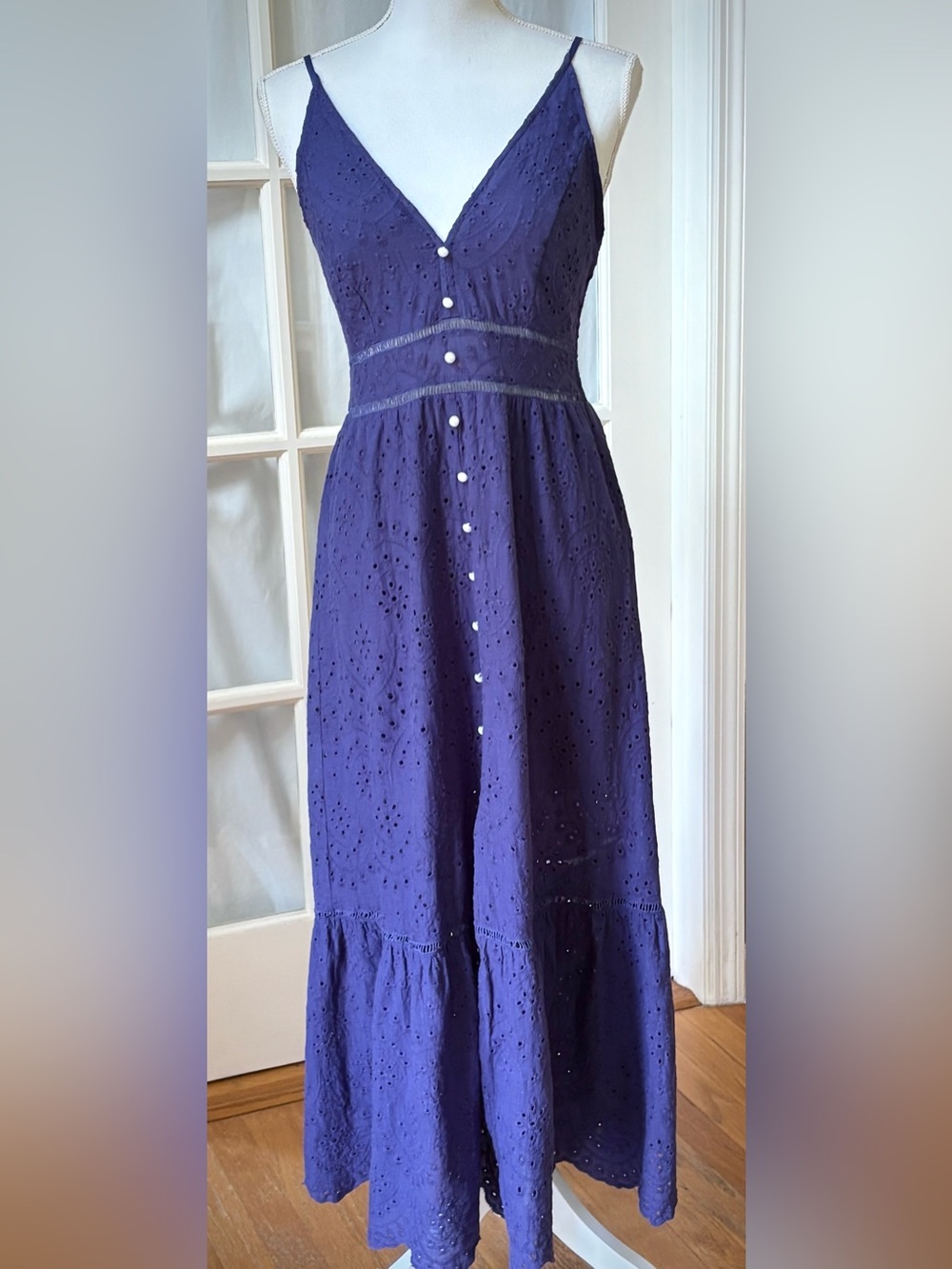 Simplee Cobalt Blue Eyelet Cotton Midi Maxi Dress M Cottagecore